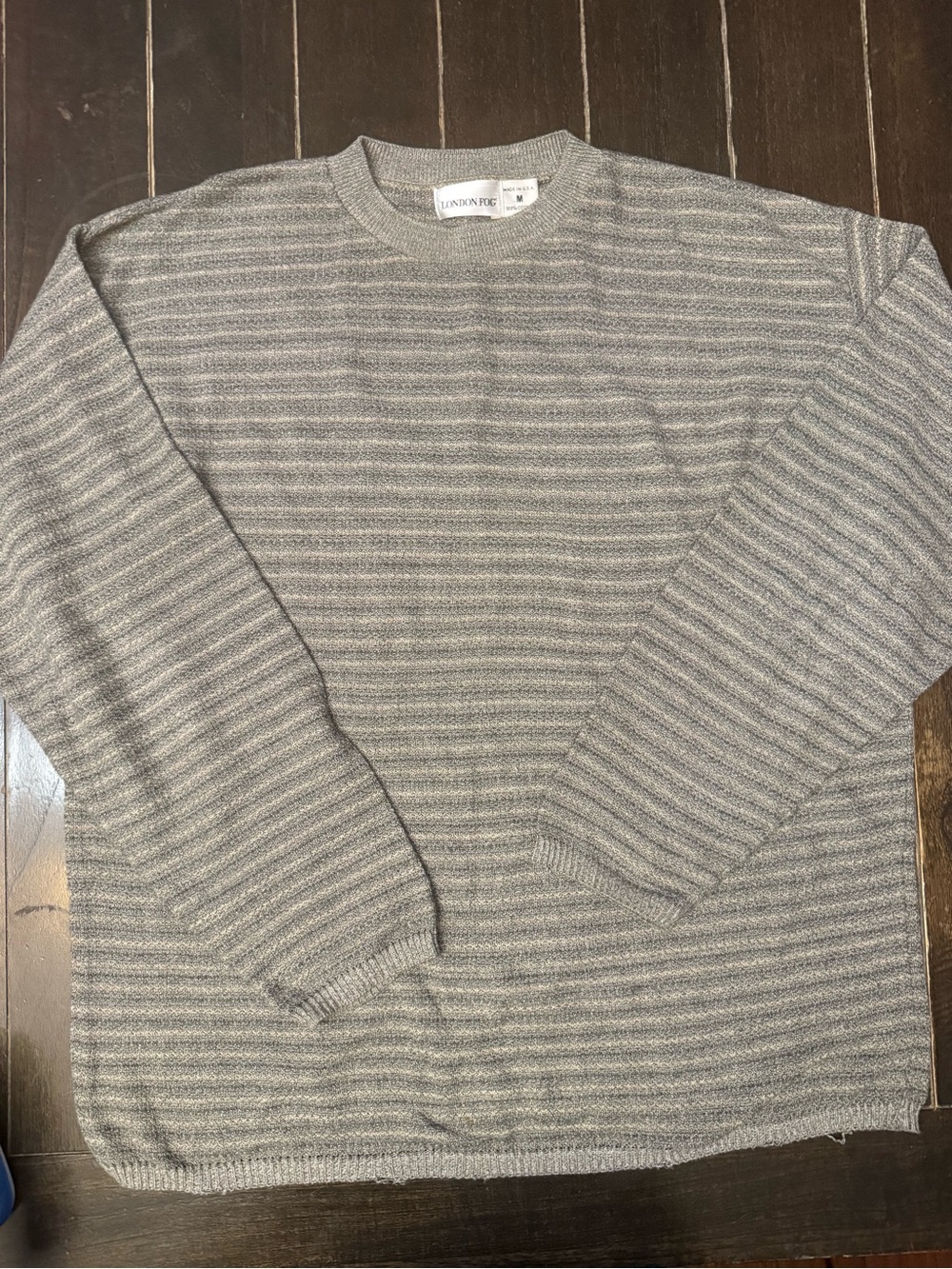 Vintage London Fog Sweater Men’s M Gray Stripe 100% Cotton Made USA 90s Crewneck